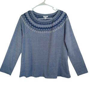 J Jill Pullover Embroidered Fair Isle Long Sleeve Top Heathered Blue Womens Med
